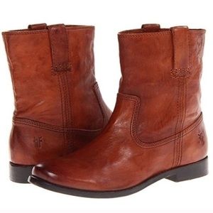 Frye Anna Shortie Low Heel Bootie Boots Leather Cognac Size 8
